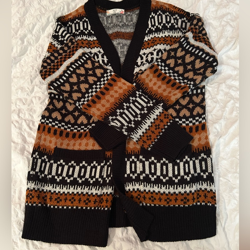 Brown and Orange Patterned Knit Cardigan Size Medium Cozy Fall
